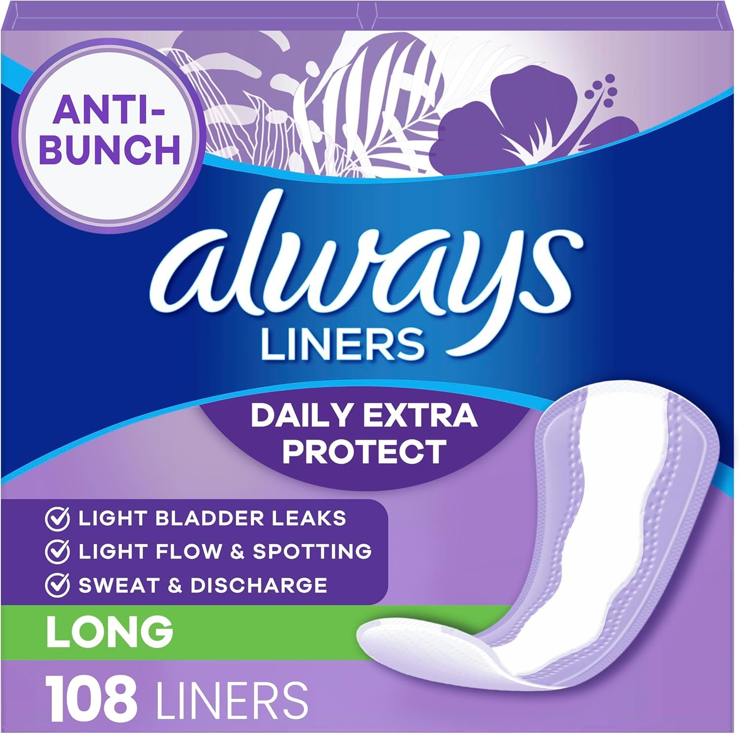 Shows the retail packaging to help shoppers identify the product on shelf and understand what they will receive, building brand recognition and trust. Displays the core product (panty liner) clearly…