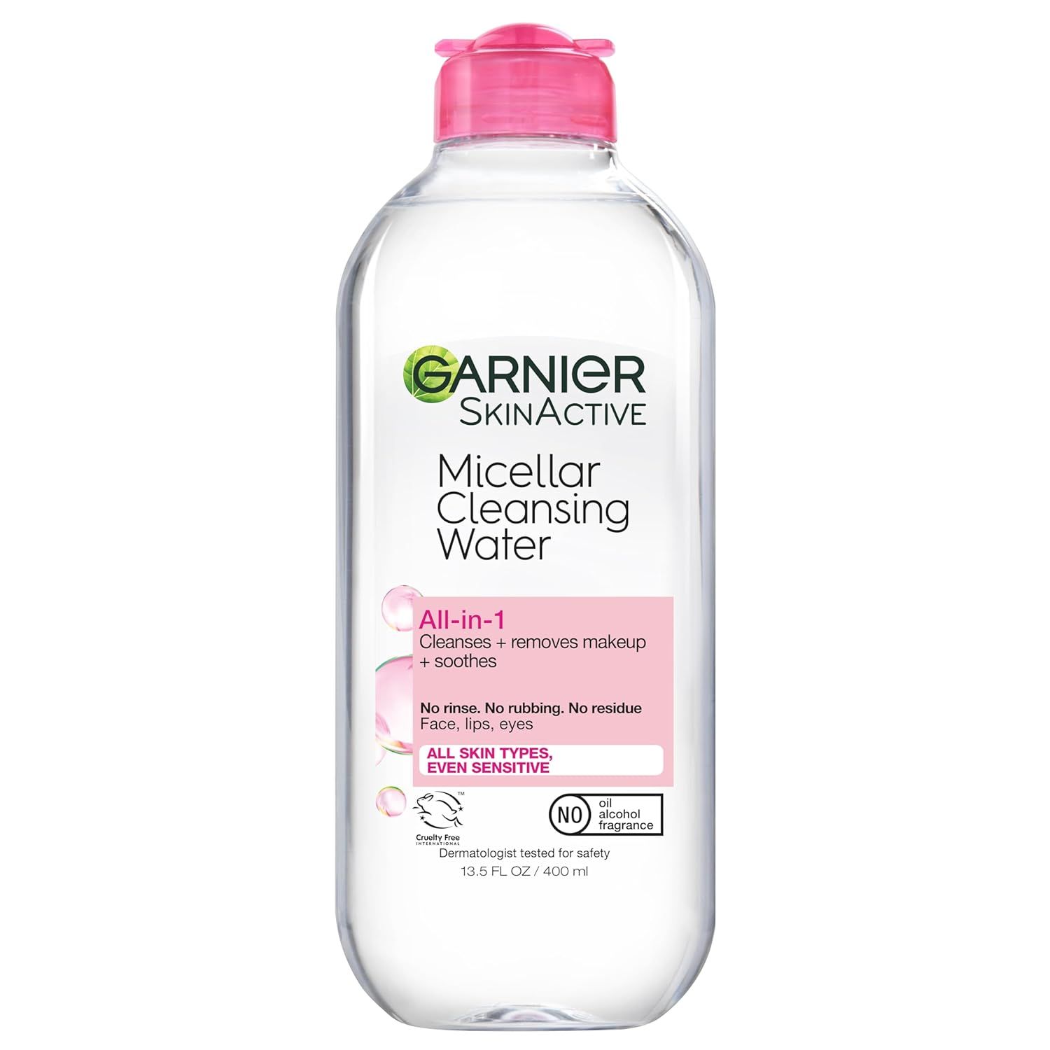 Displays the core product clearly on a white background to show shoppers exactly what they will receive, emphasizing the Garnier SkinActive micellar water bottle with its pink flip-top cap and…