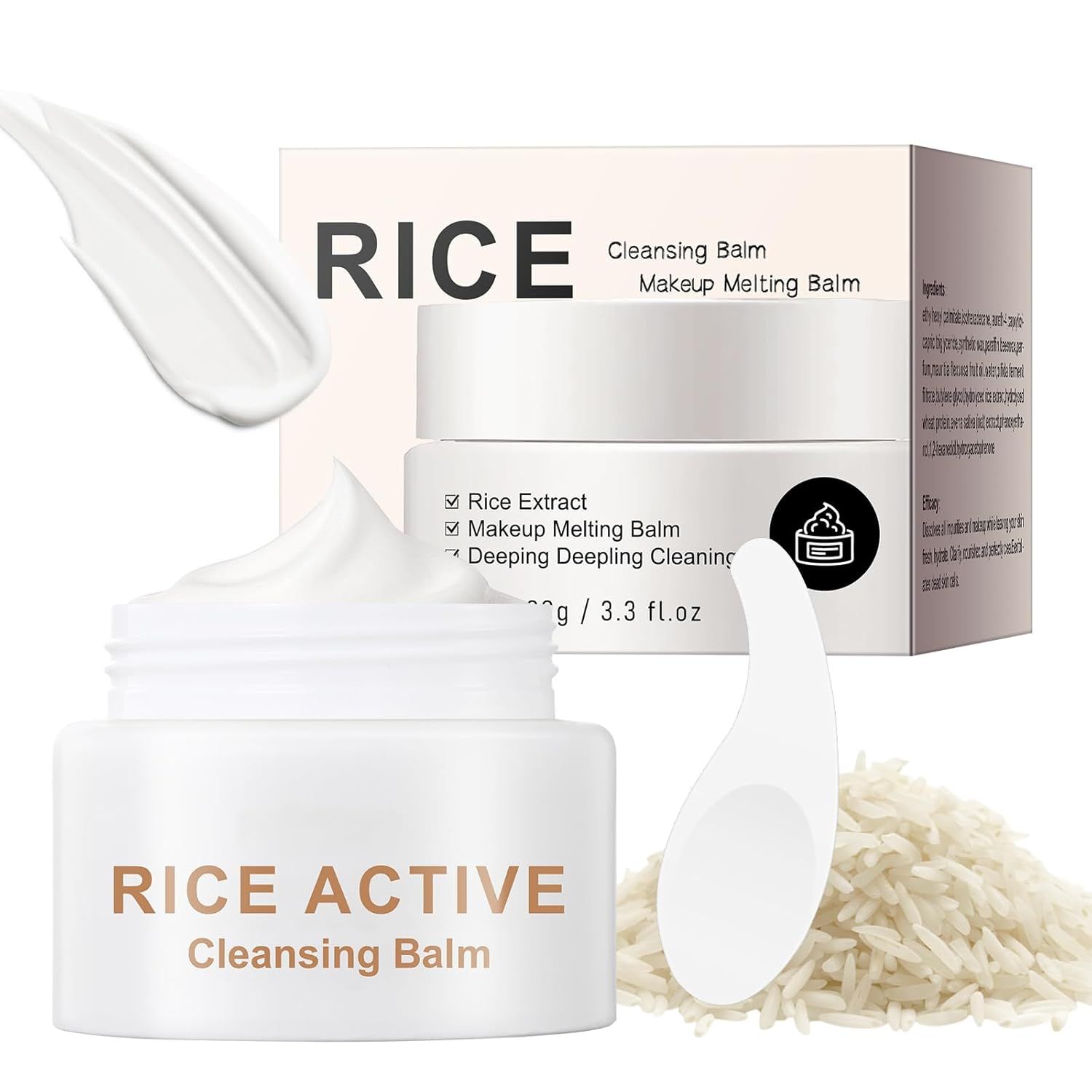 Displays the core product—a rice-based cleansing balm—with its packaging and jar to communicate the product identity, key ingredient, and makeup-removing function. Shows the retail packaging…