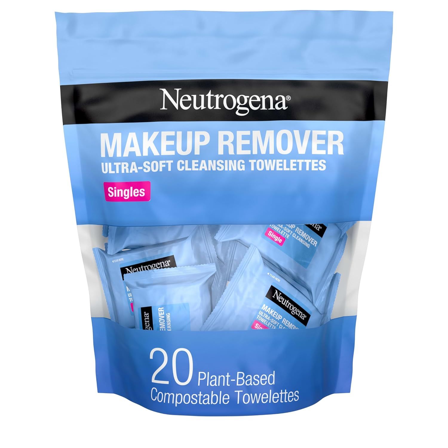 Shows the core product packaging clearly on a white background, allowing shoppers to see exactly what they will receive: a pouch of 20 individually-wrapped makeup remover towelettes. Displays the…