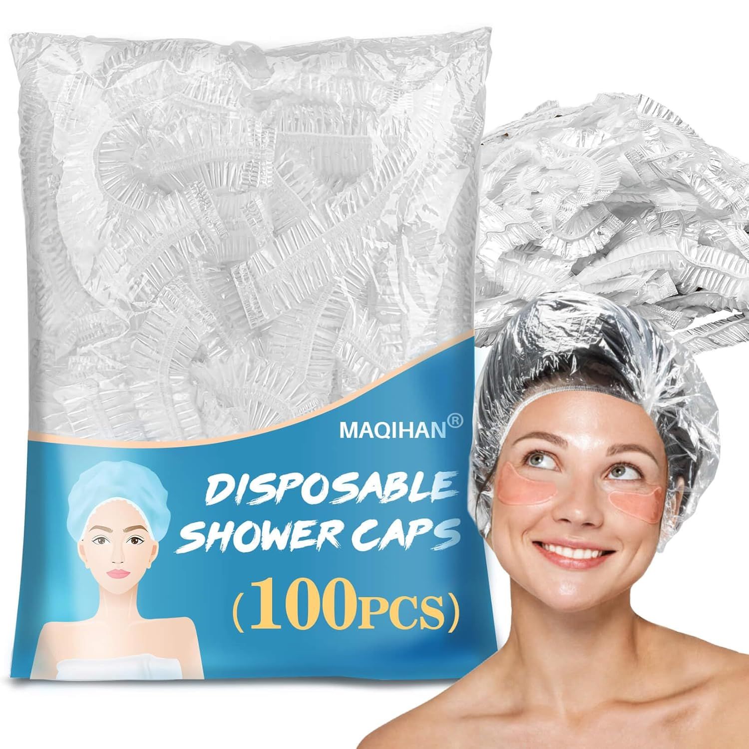 Shows the core product—a 100-piece pack of disposable shower caps—alongside the packaging to communicate quantity and value for bulk buyers. Demonstrates how the shower cap fits on a person's head,…