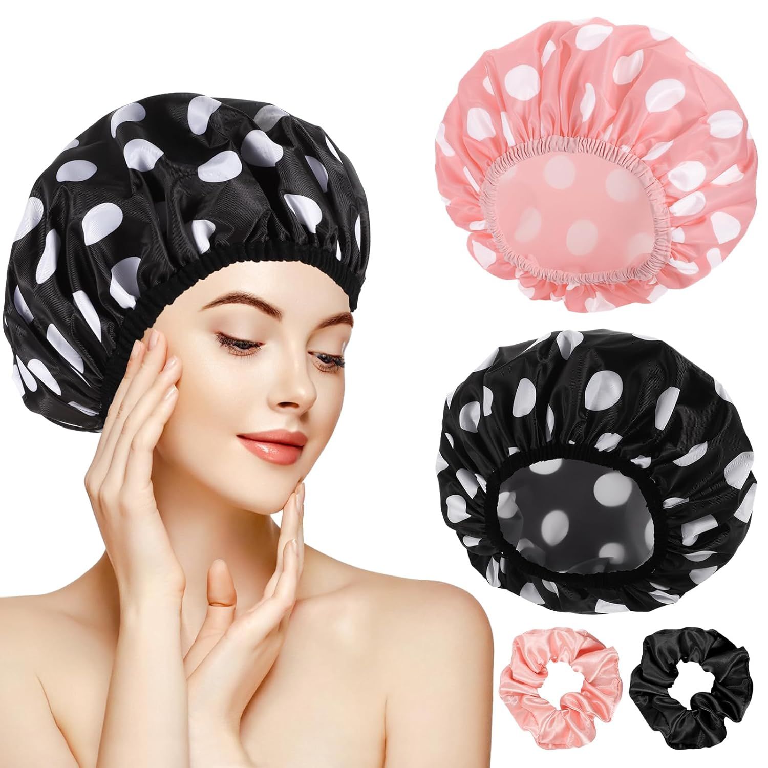 Shows shoppers the available color choices (black and pink) with polka dot pattern, helping them select their preferred style option. Demonstrates how the shower cap fits on a person's head,…