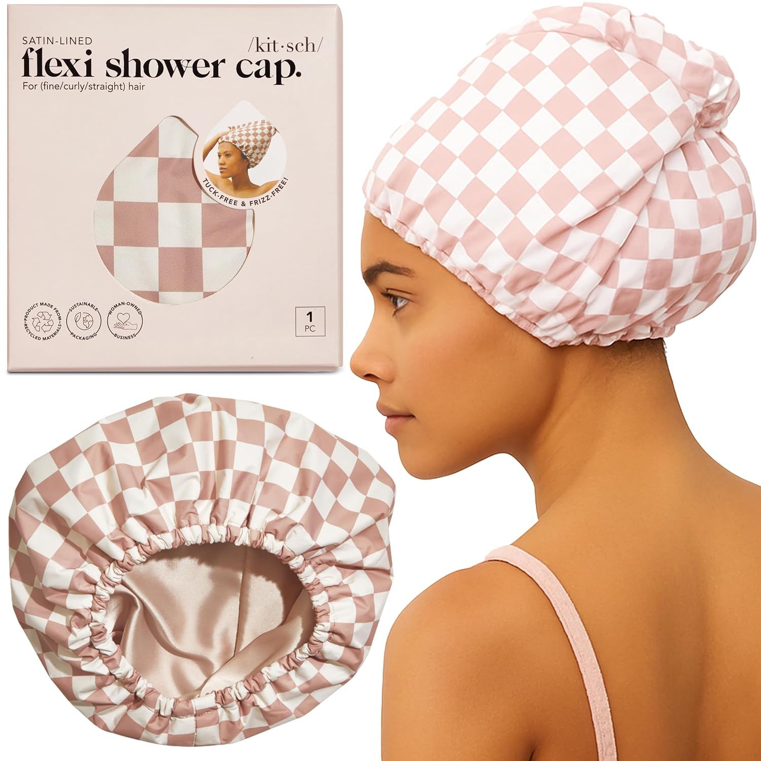 Shows the flexi shower cap from multiple angles including the satin-lined interior to communicate the product's design, pattern, and hair-protecting features. Displays the retail packaging to show…