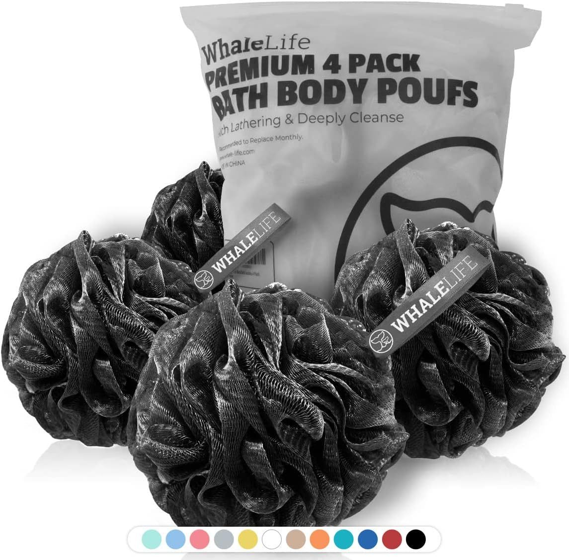 Shows the complete 4-pack product set with packaging to communicate what the buyer receives, including multiple bath poufs with branded tags. Displays the available color choices through the color…