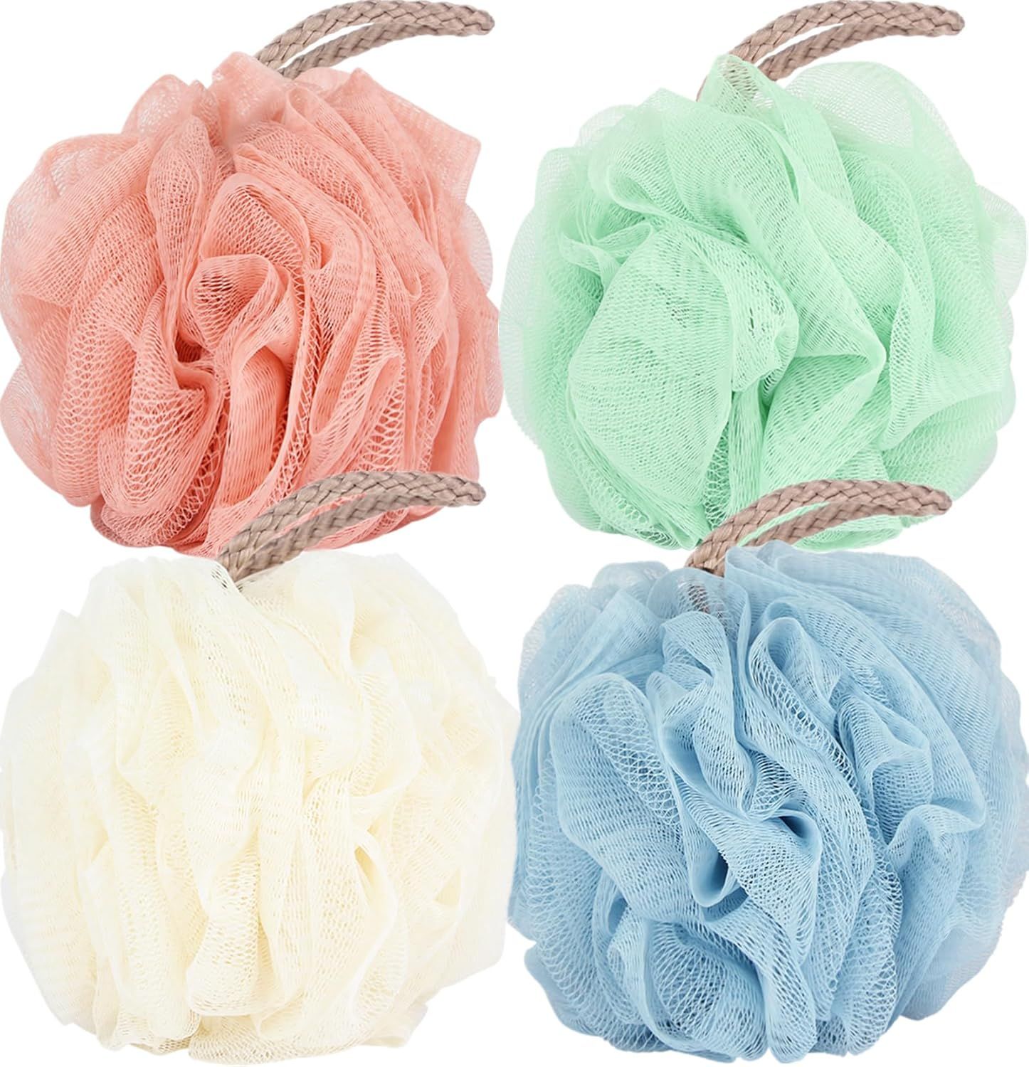 Displays the core product—bath loofahs/shower puffs—clearly showing their fluffy mesh texture and braided rope handles on a clean white background for catalog clarity. Shows four distinct color…