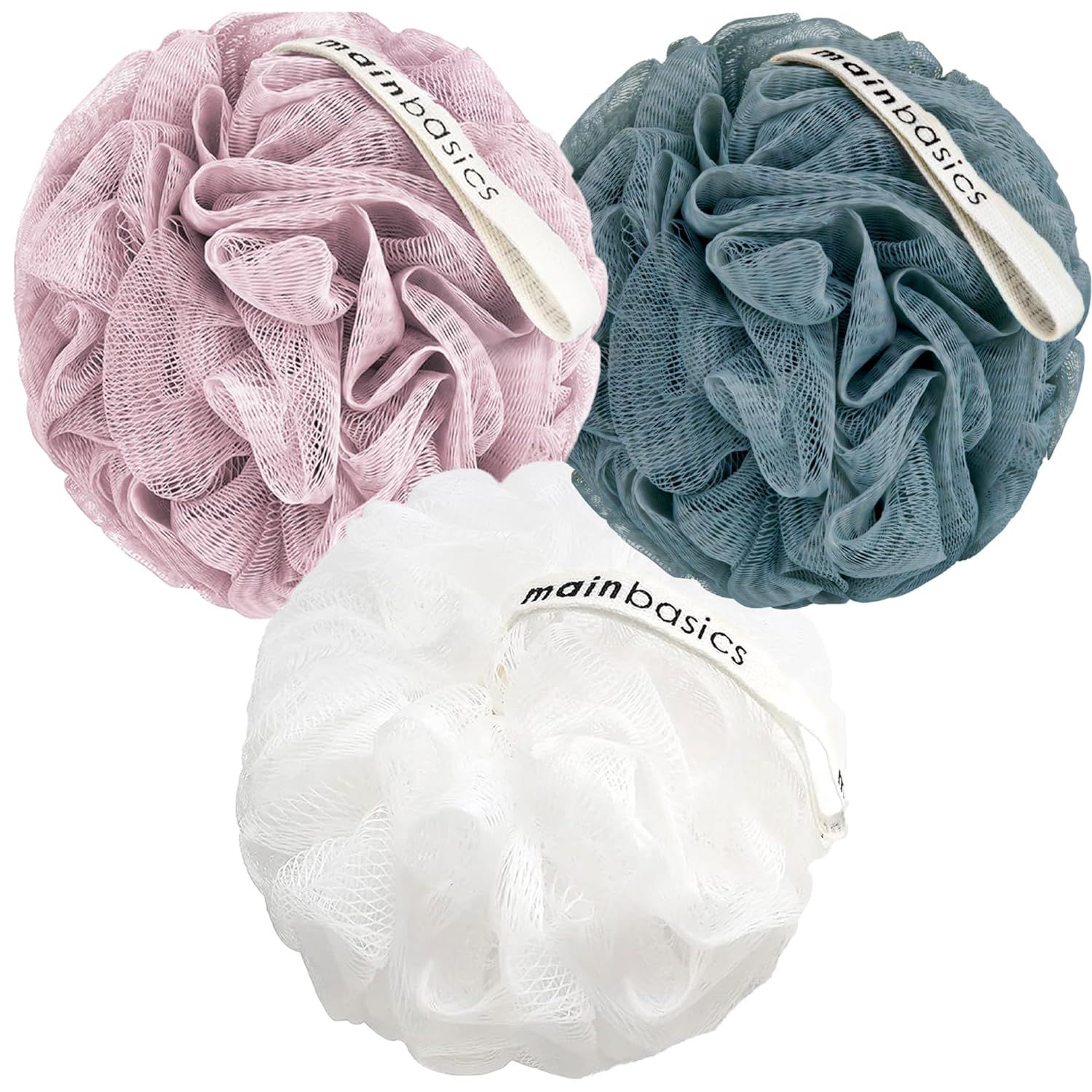Displays the core product (bath loofahs) clearly on a white background to show shoppers exactly what they will receive. Shows three distinct color options (pink, teal, white) available for…
