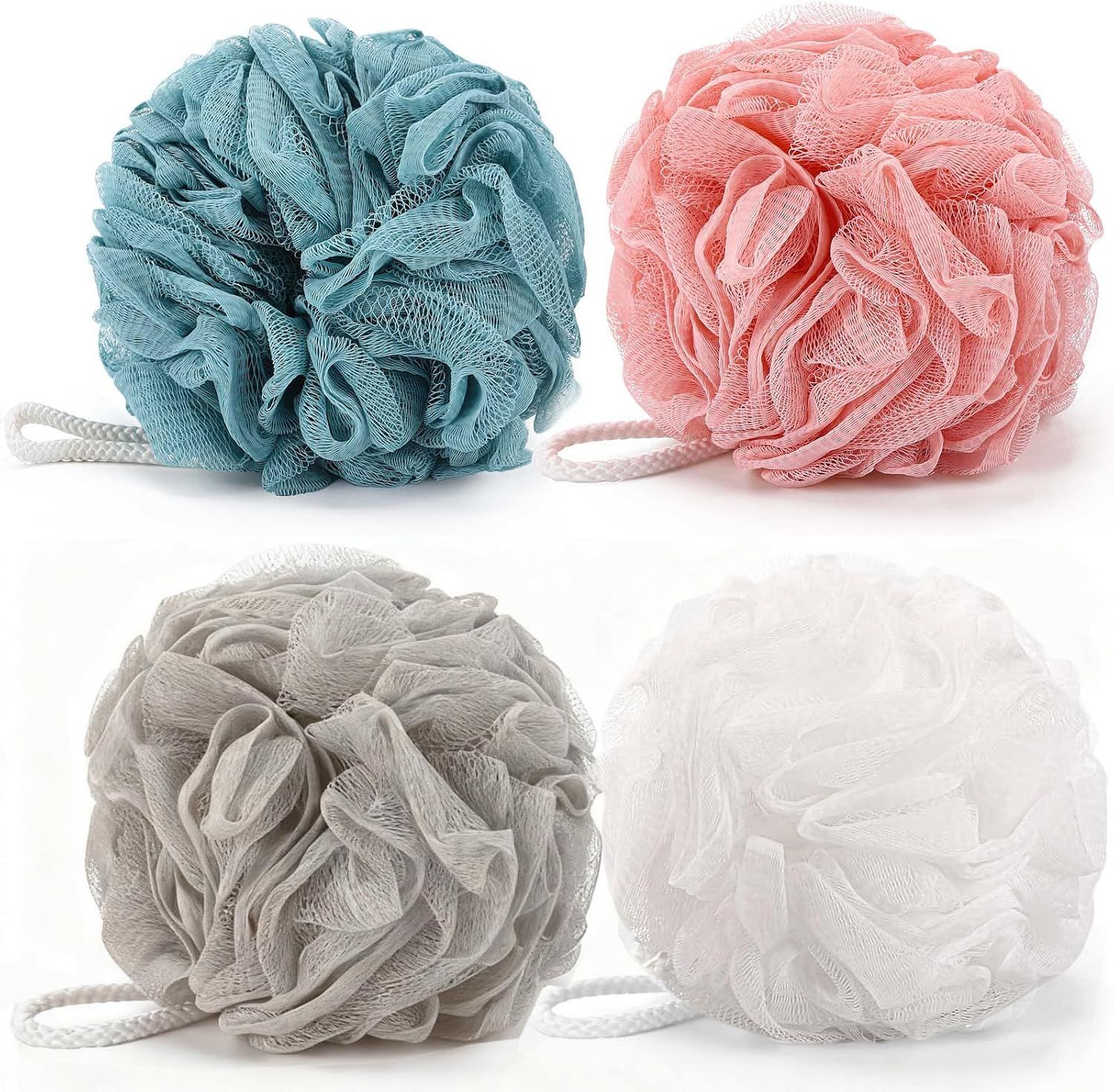 Displays the core product (bath loofahs/shower puffs) clearly on a white background to show shoppers exactly what they are purchasing. Shows four distinct color options (blue, pink, gray, white)…