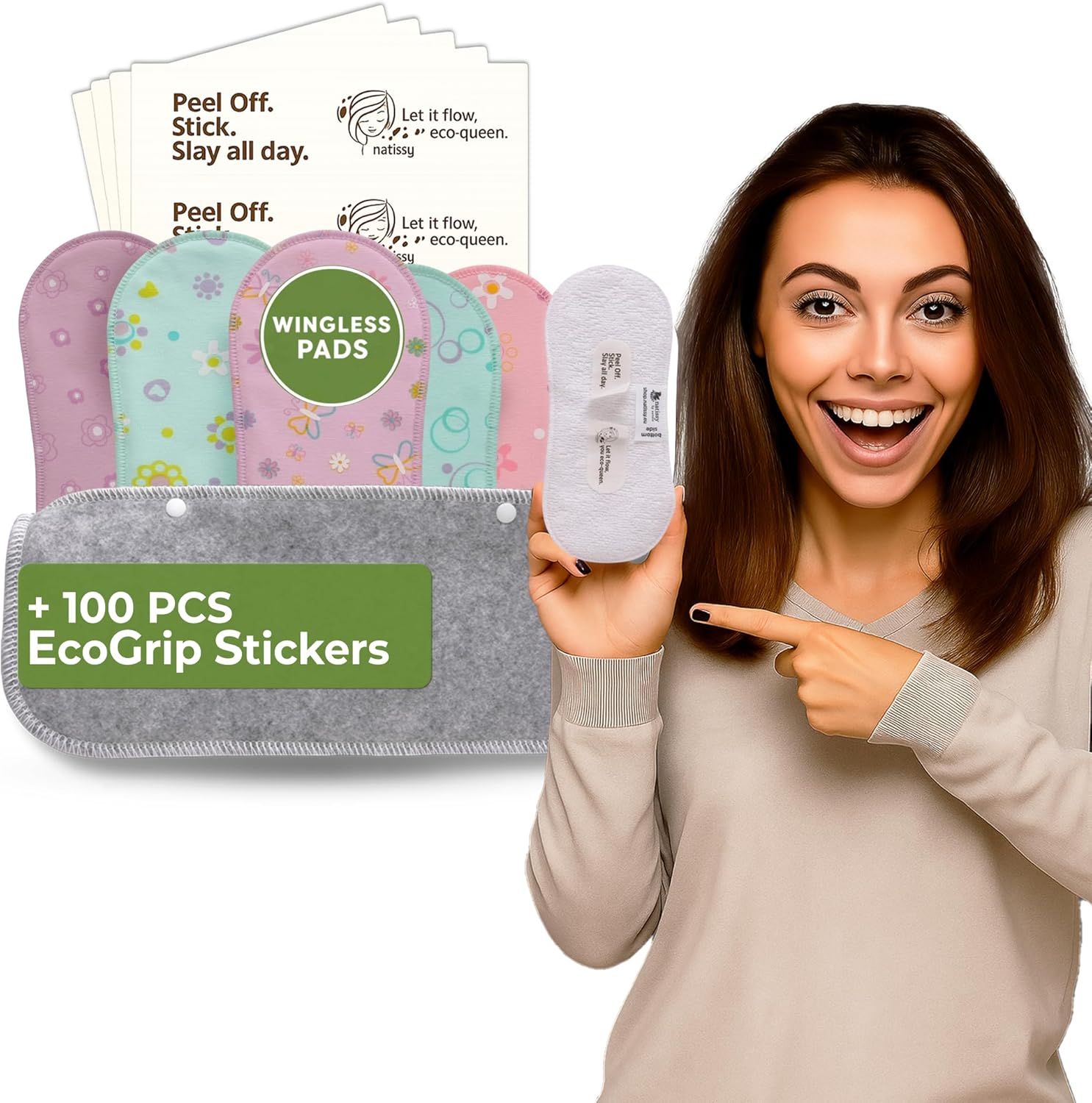 Shows a person holding and pointing to the reusable pads to demonstrate scale, ease of use, and create an approachable, relatable context for the eco-friendly feminine hygiene product. Displays the…