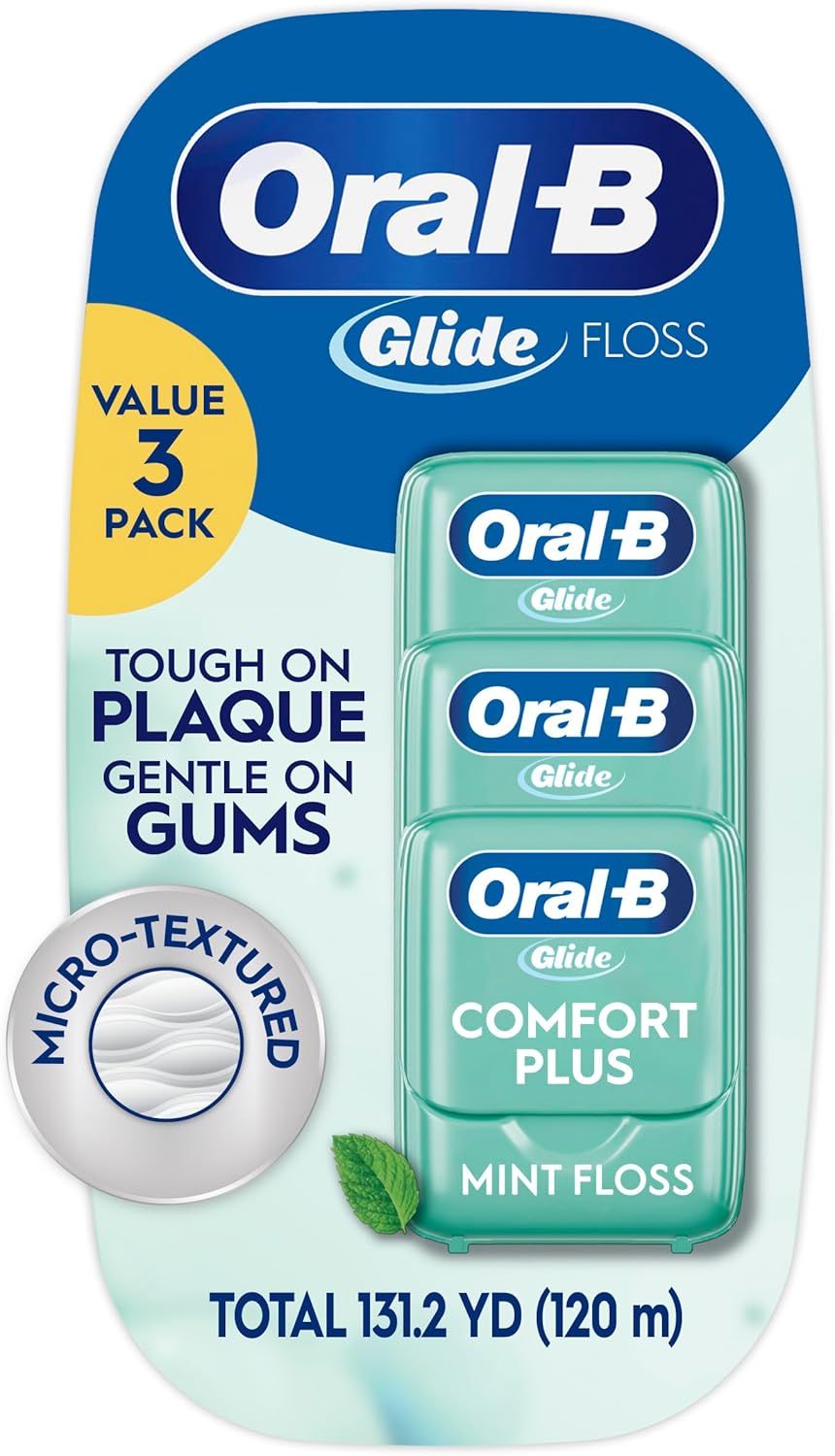 Shows the core product—a 3-pack of Oral-B Glide dental floss—clearly displayed in retail packaging to communicate what the shopper will receive. Displays the retail packaging with key product…