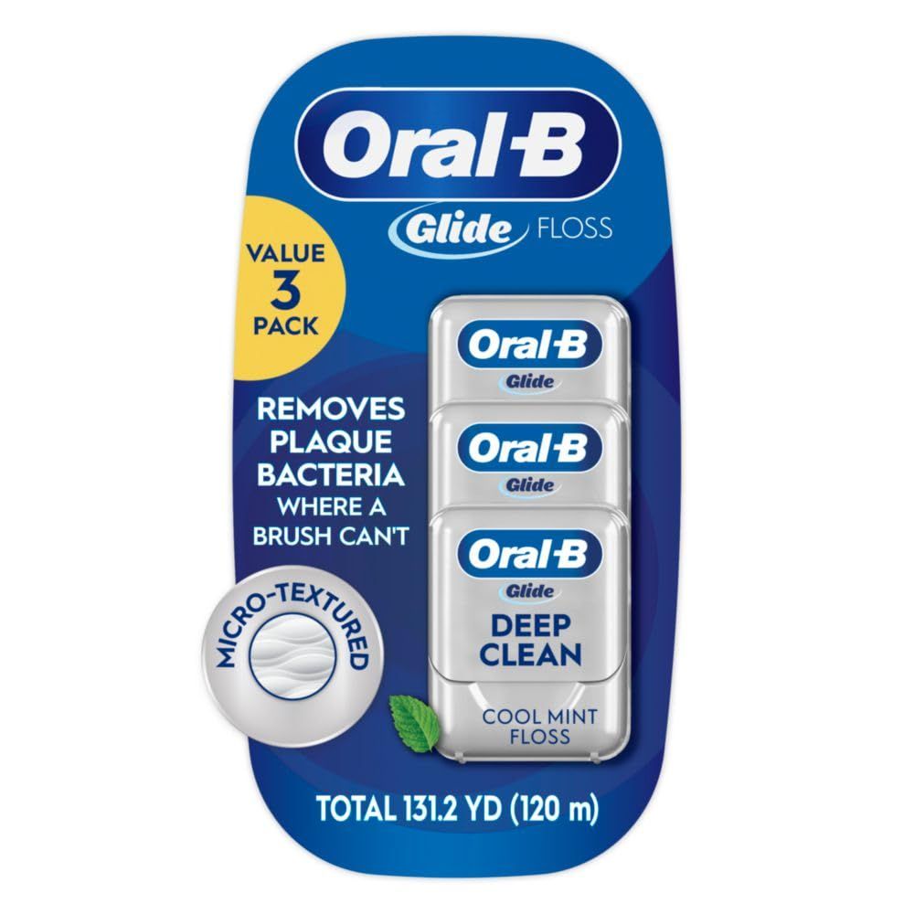 Shows the retail packaging for a 3-pack of Oral-B Glide floss to communicate the value bundle and key product benefits like plaque removal and micro-textured design.