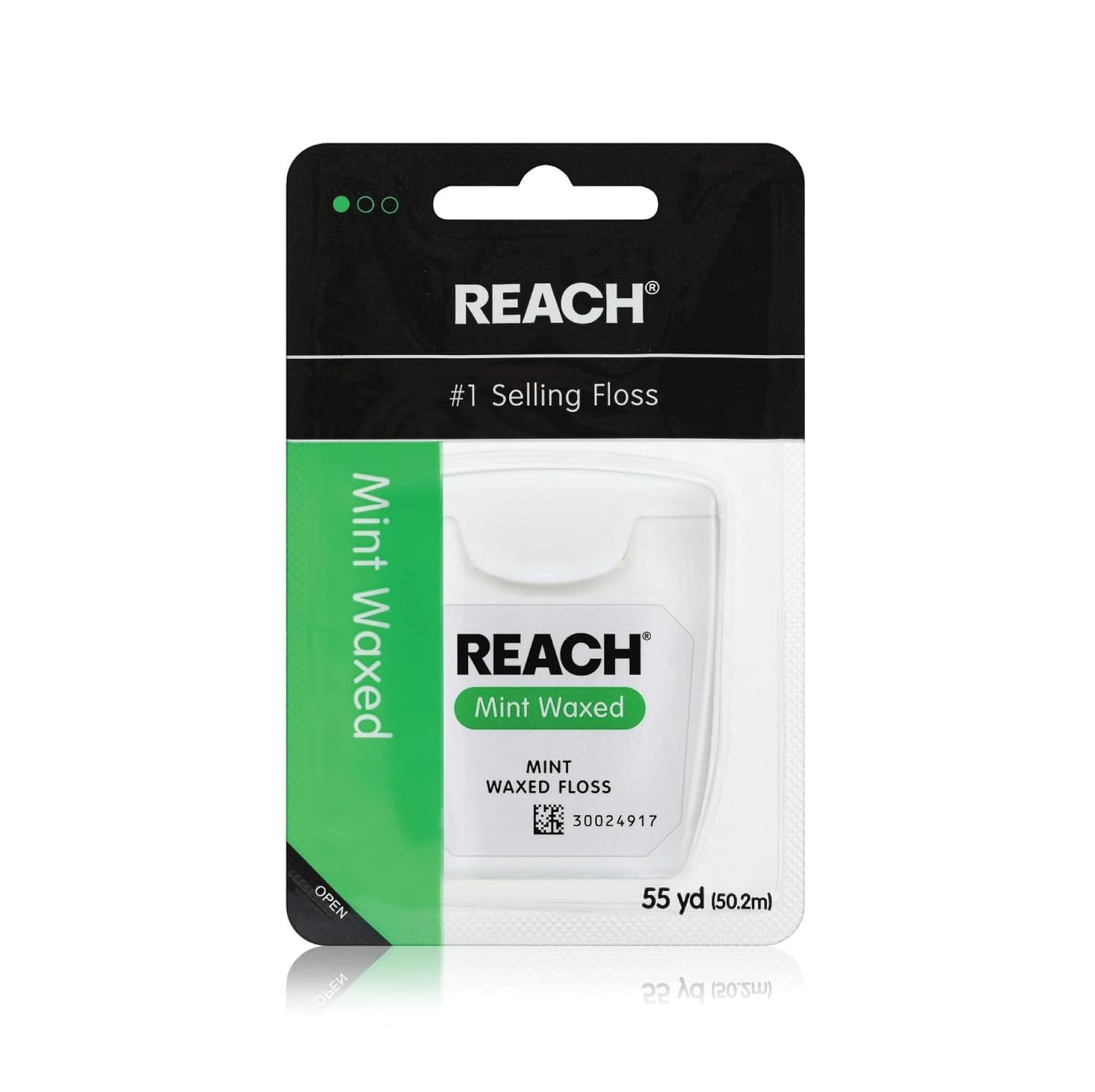 Shows the REACH mint waxed dental floss in its retail packaging to communicate the brand, product type, flavor, and quantity to the shopper. Displays the physical retail packaging the buyer will…