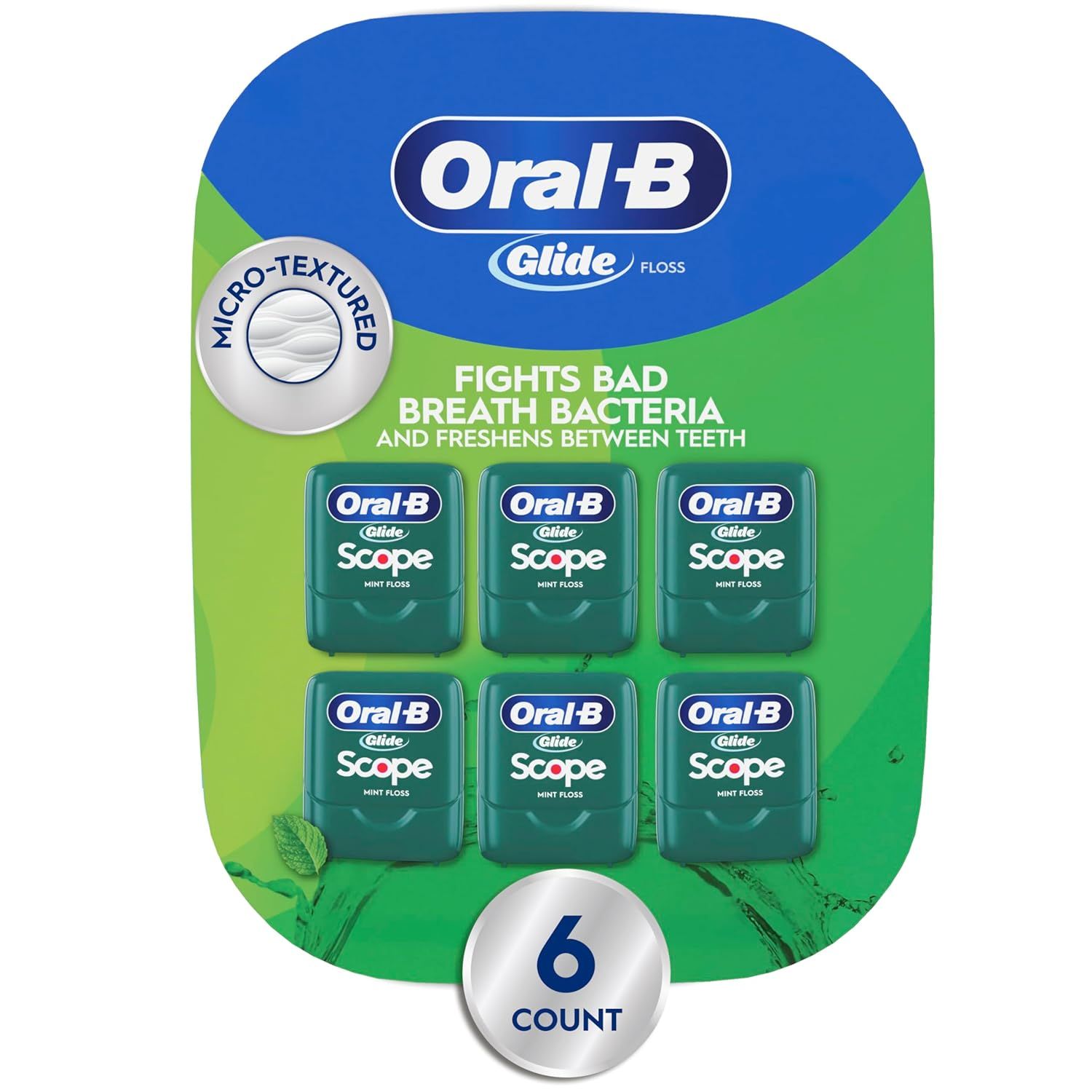 Shows the core product—a 6-count multi-pack of Oral-B Glide Scope mint floss—clearly displayed on retail packaging to communicate what the shopper will receive. Displays the retail packaging with…