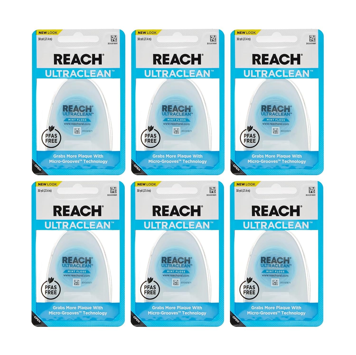 Shows the core product in a 6-pack configuration, clearly displaying the REACH ULTRACLEAN mint floss in retail packaging to communicate what the buyer will receive. Displays the actual retail…