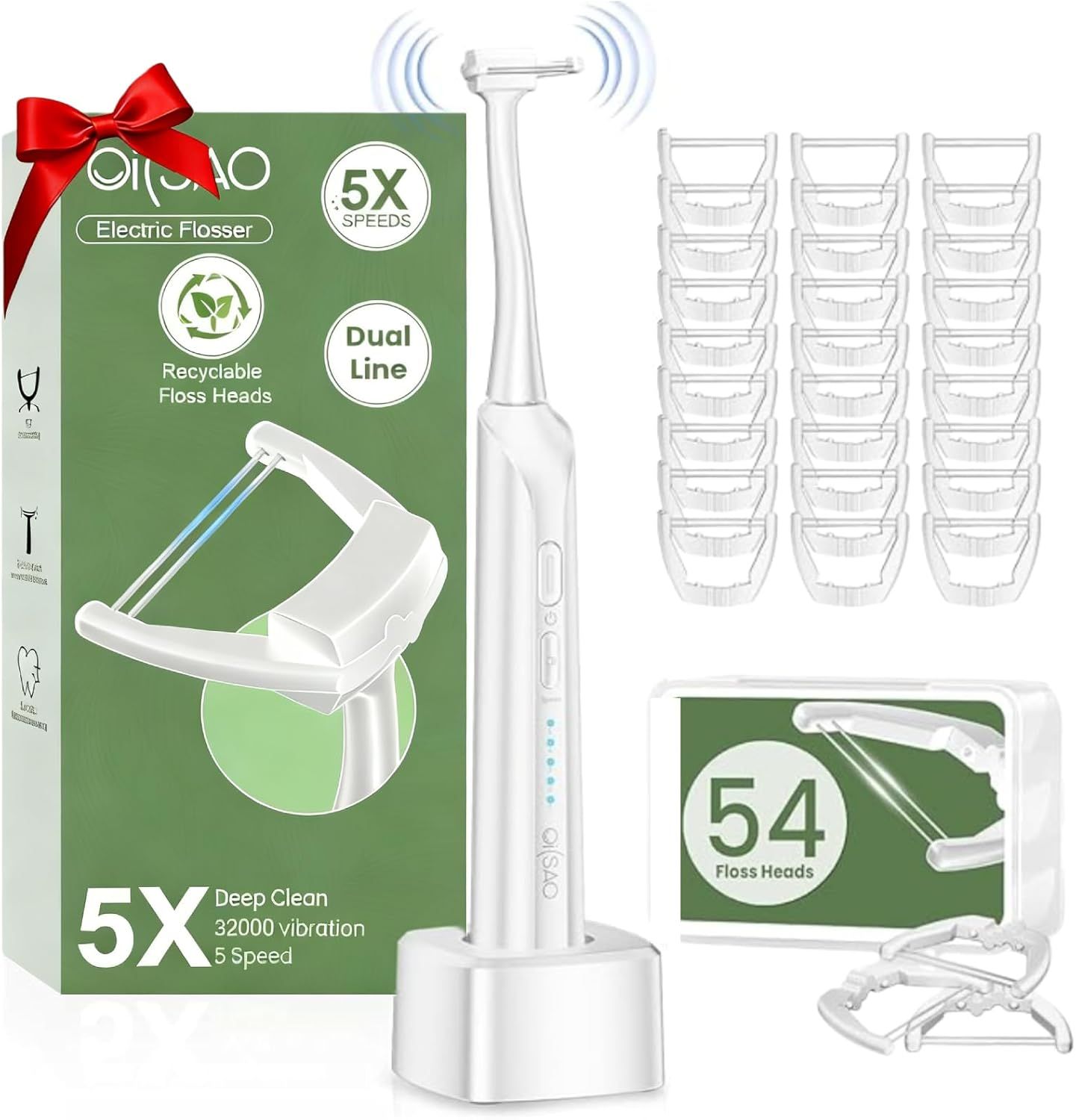 Displays the core product (electric flosser) along with its included accessories (54 floss heads) and packaging to show what the buyer receives in the purchase. Emphasizes the generous quantity of…