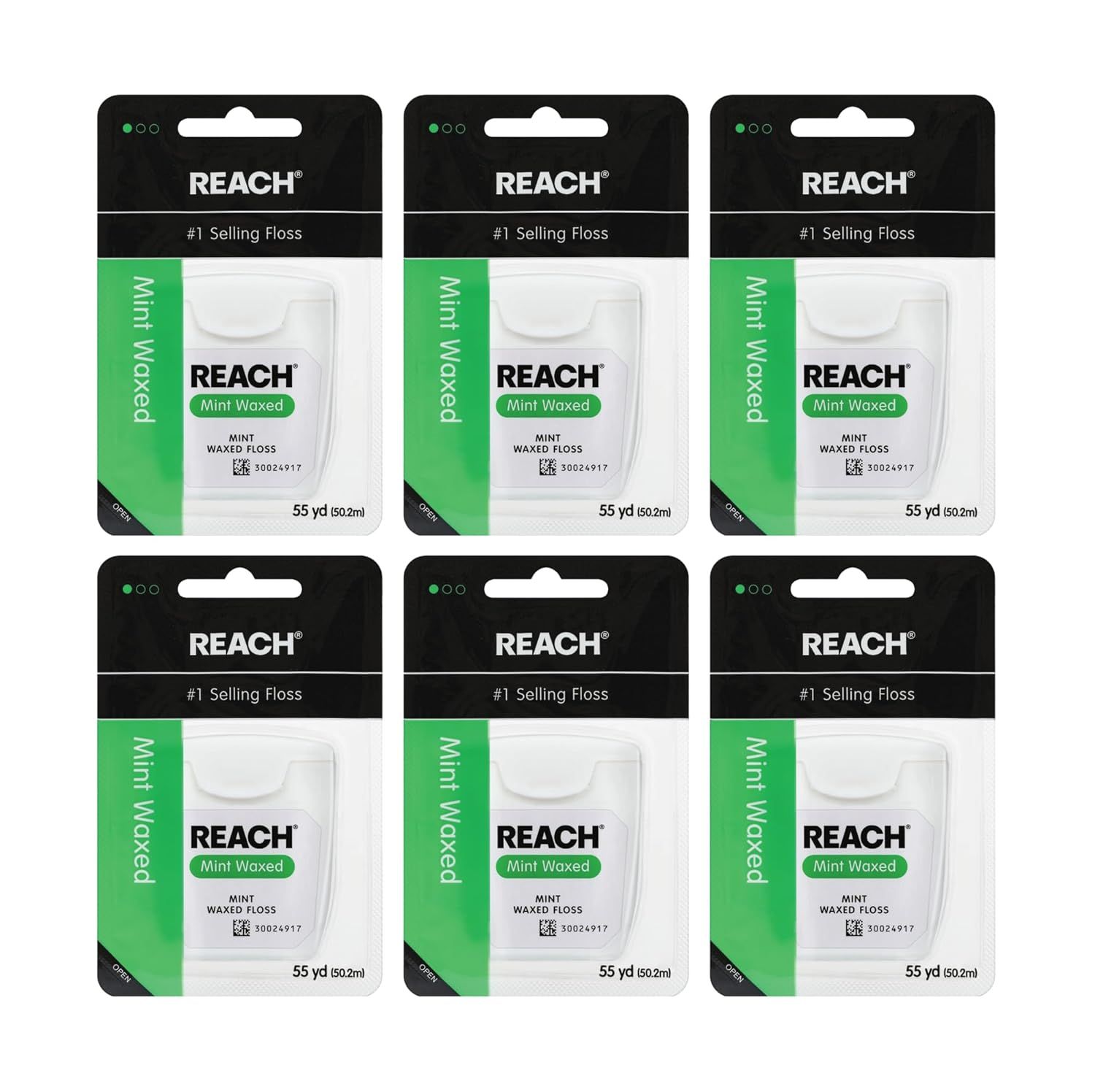 Shows the core product in a 6-pack configuration, clearly displaying the REACH Mint Waxed dental floss packaging so shoppers can see exactly what they will receive. Displays the retail packaging…