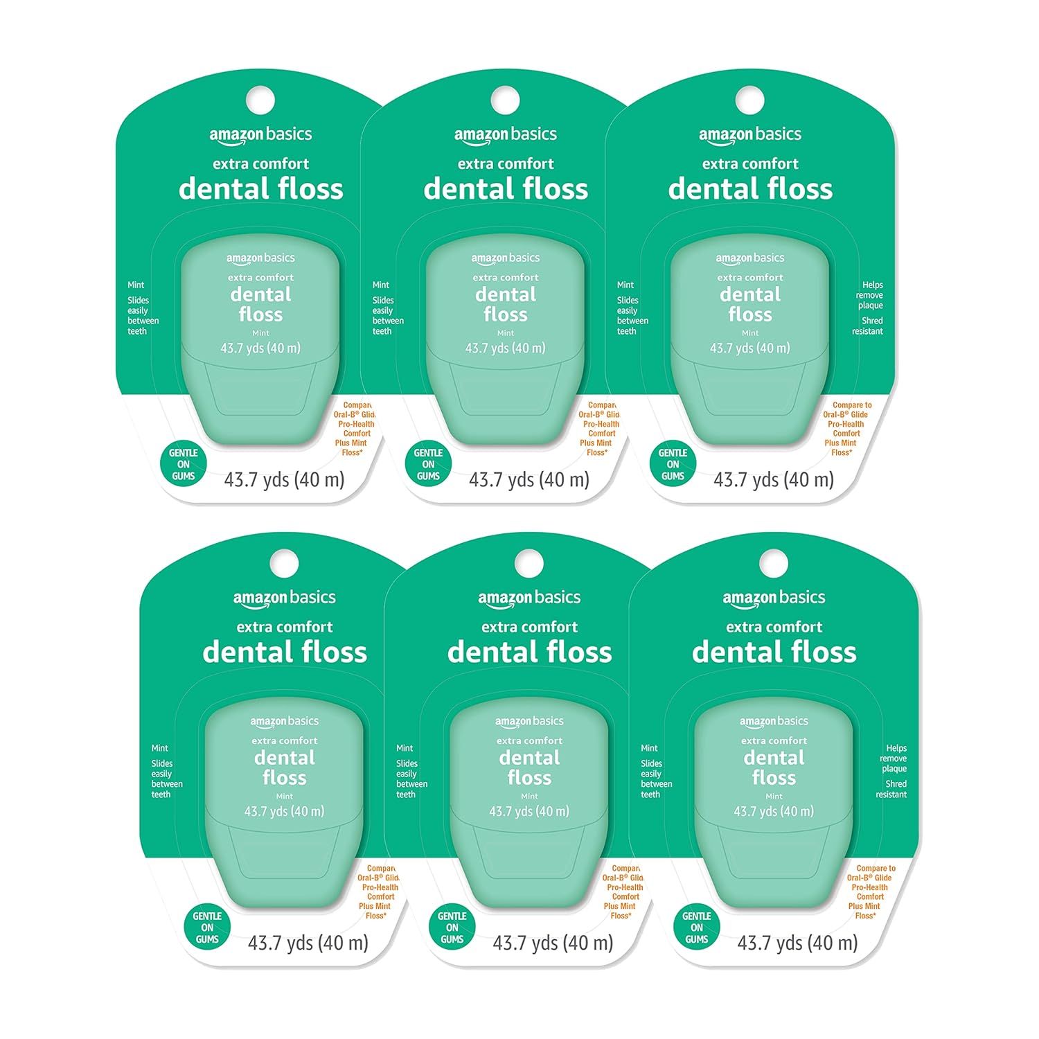 Shows the core sellable product—Amazon Basics extra comfort dental floss in mint flavor—displayed as a 6-pack to communicate quantity and value to the shopper. Displays the actual retail packaging…