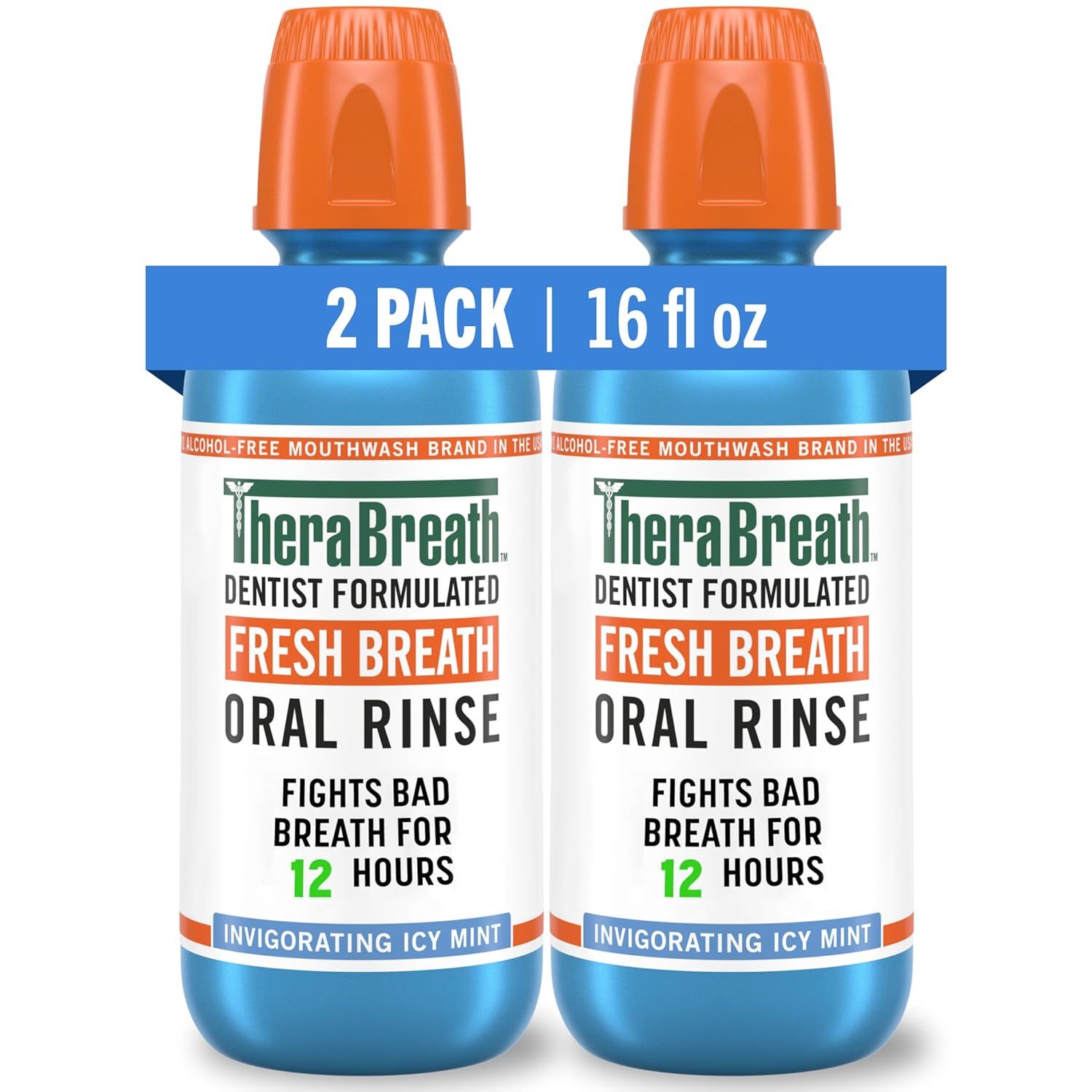 Displays the core sellable product—a 2-pack of TheraBreath mouthwash bottles—clearly showing the brand, size, and key benefits to help shoppers identify what they are purchasing. Shows the actual…