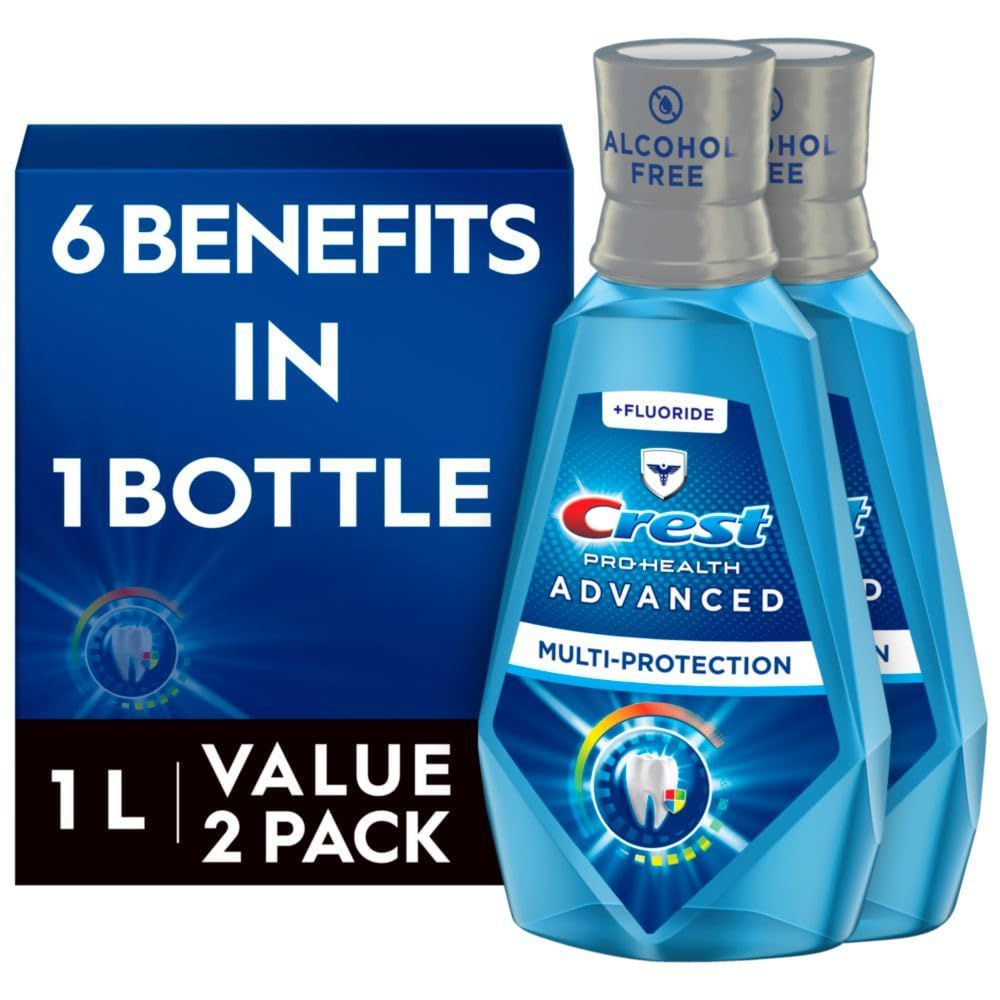 Shows the core sellable product, a 2-pack of Crest Pro-Health Advanced mouthwash bottles, clearly displaying the brand, variant, and quantity. Displays the actual retail bottles with full product…