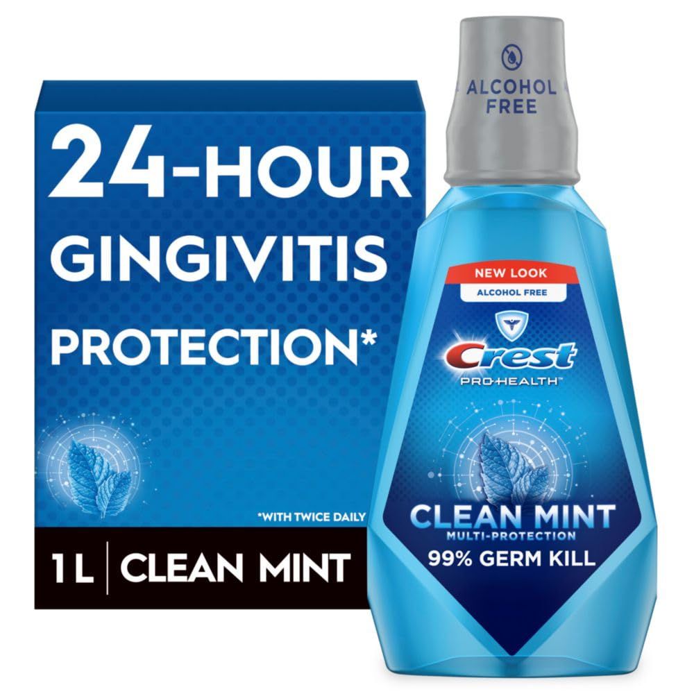 Displays the Crest Pro-Health mouthwash bottle alongside its retail packaging to communicate the product's key benefits: 24-hour gingivitis protection, alcohol-free formula, and 99% germ kill…