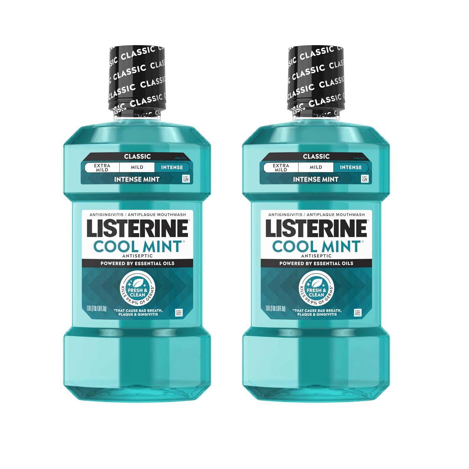Shows two bottles of Listerine Cool Mint mouthwash to communicate the multi-pack offering, allowing shoppers to clearly see the product packaging, branding, and intensity level.