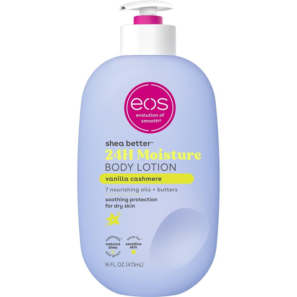 Displays the core product clearly on a white background to show the bottle design, pump dispenser, brand identity, and key product benefits including 24-hour moisture and vanilla cashmere scent.…