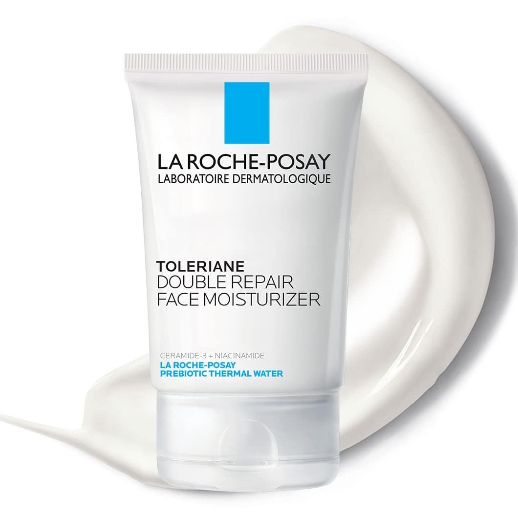 Displays the La Roche-Posay Toleriane Double Repair Face Moisturizer product clearly so shoppers can identify the brand, product name, and packaging format. Shows a cream texture swatch behind the…
