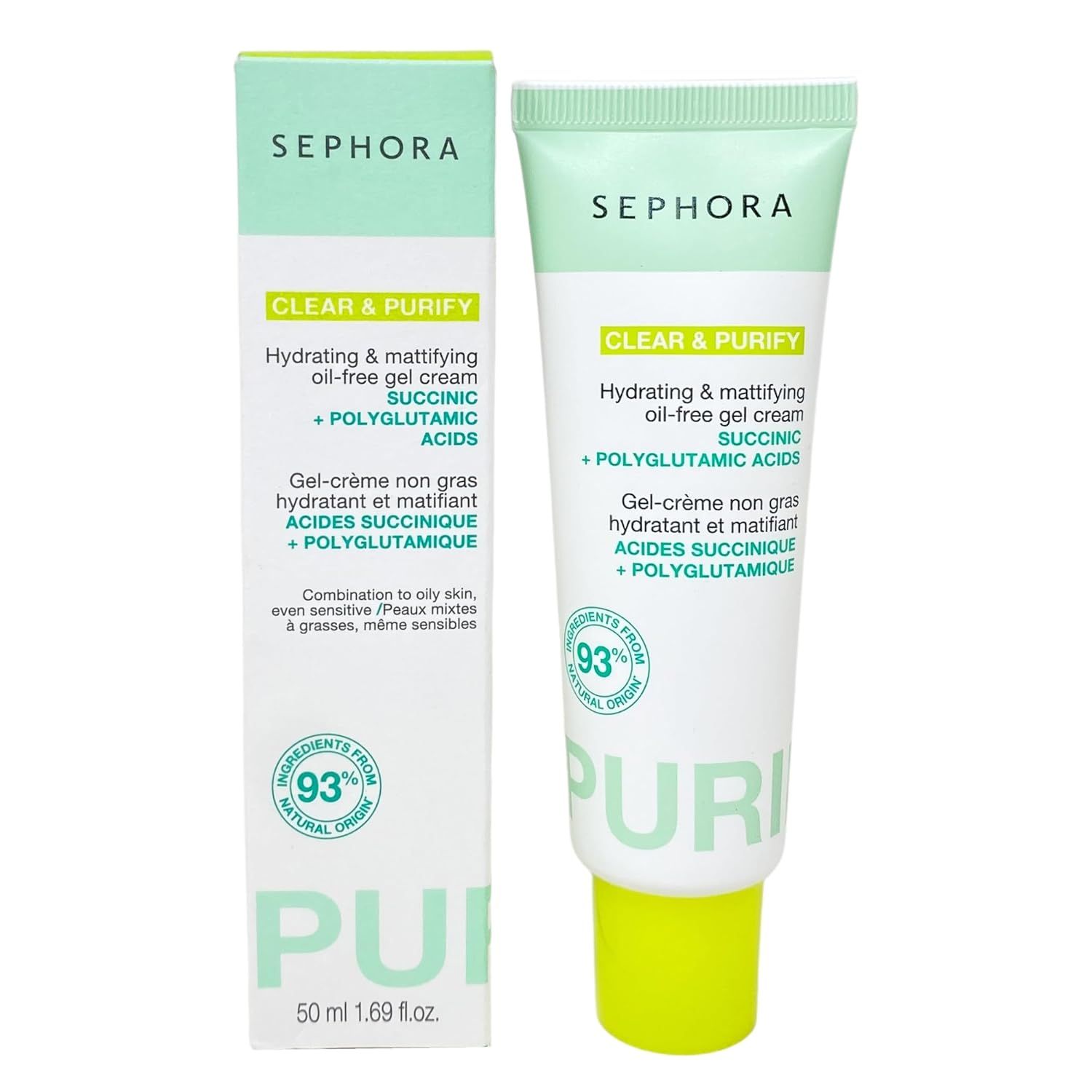 Displays the Sephora Clear & Purify gel cream product clearly with its packaging to show shoppers exactly what they will receive and communicate the key ingredients and benefits. Shows the retail…