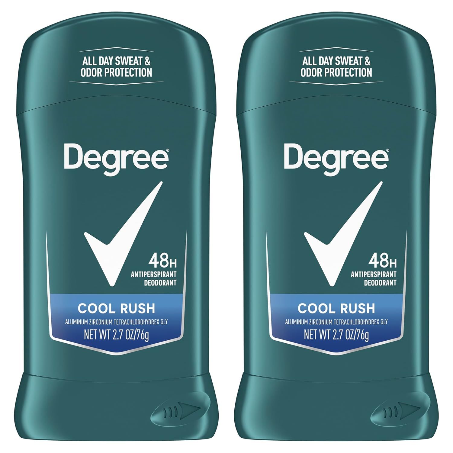 Shows two units of the Degree antiperspirant deodorant to communicate that this is a multi-pack purchase, highlighting the 48-hour protection and Cool Rush variant.