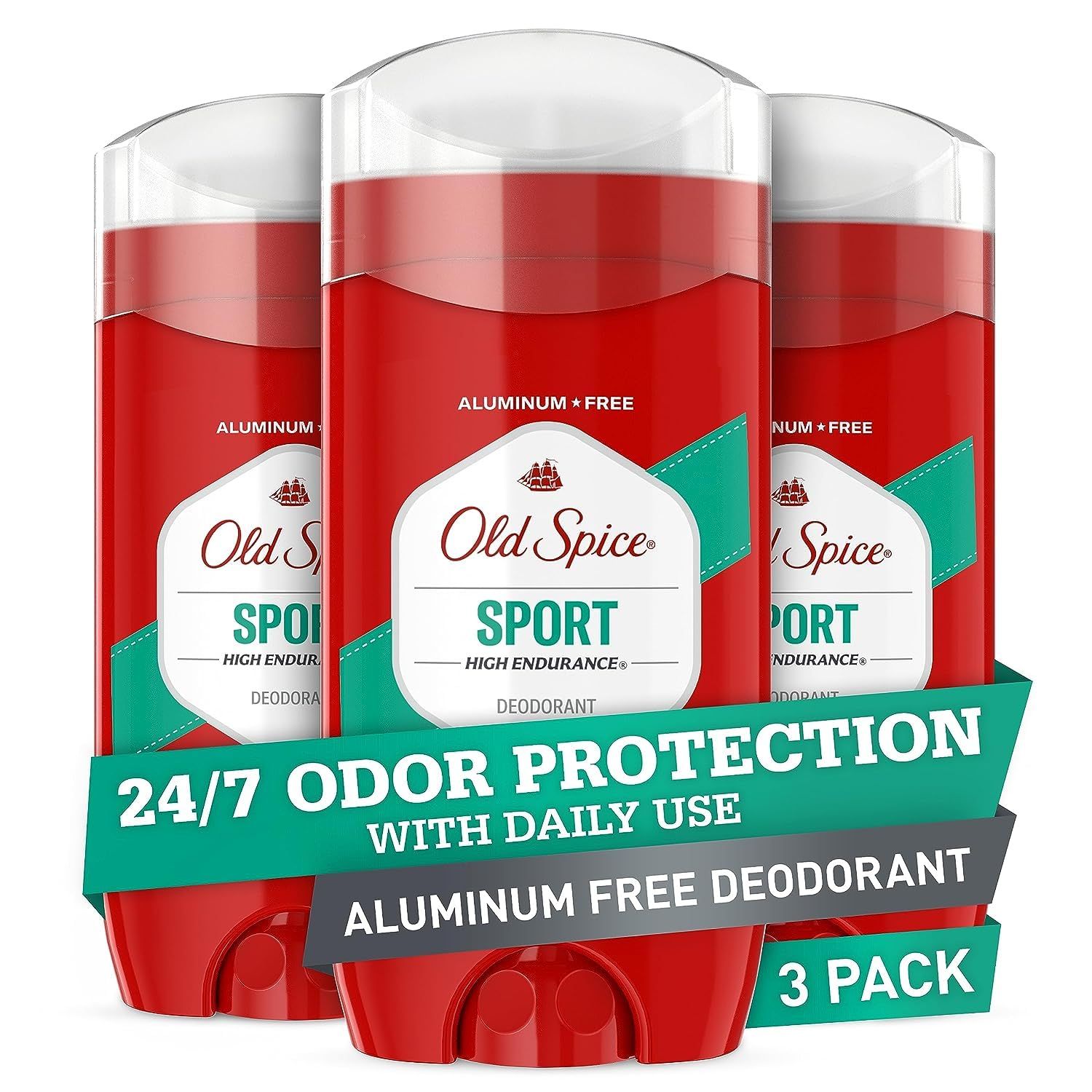 Shows the core product as a 3-pack of Old Spice Sport High Endurance deodorant sticks, emphasizing the aluminum-free formula and 24/7 odor protection to reassure shoppers of the product's…