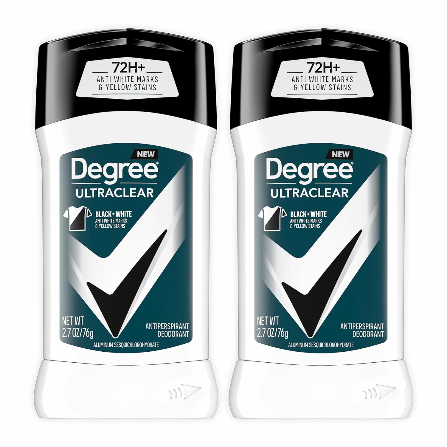 Shows two units of the Degree UltraClear deodorant to communicate that this is a multi-pack purchase, highlighting the anti-white marks and yellow stains benefit for black and white clothing.