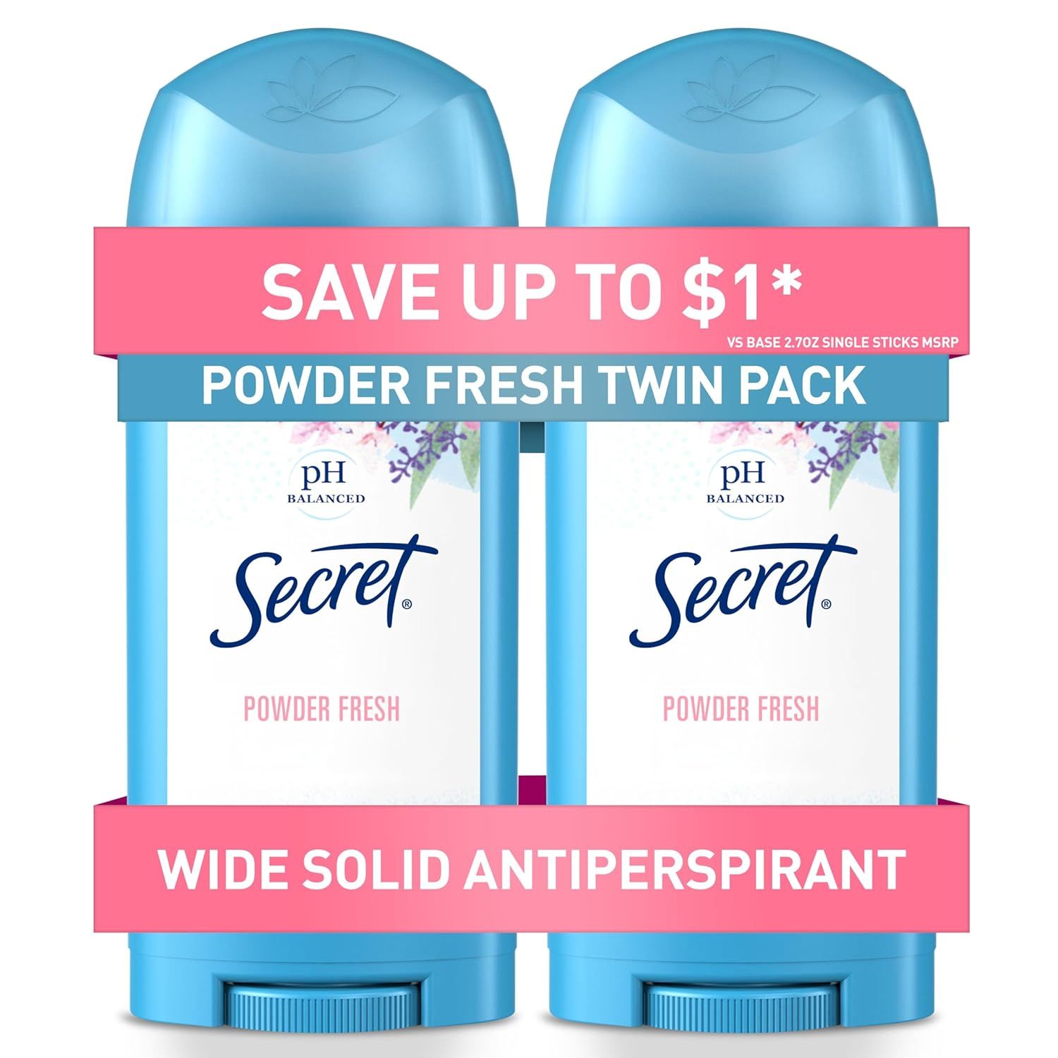 Shows the core product—a twin pack of Secret Powder Fresh antiperspirant deodorant sticks—clearly displaying the brand, scent, and key features to help shoppers identify what they are purchasing.…