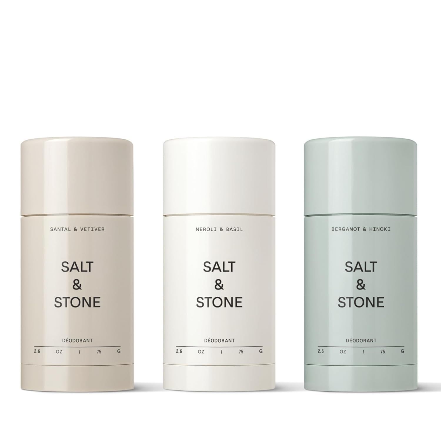 Displays three deodorant variants in different scents to show the product line and help shoppers understand the available fragrance choices. Shows three selectable scent options (Santal & Vetiver,…
