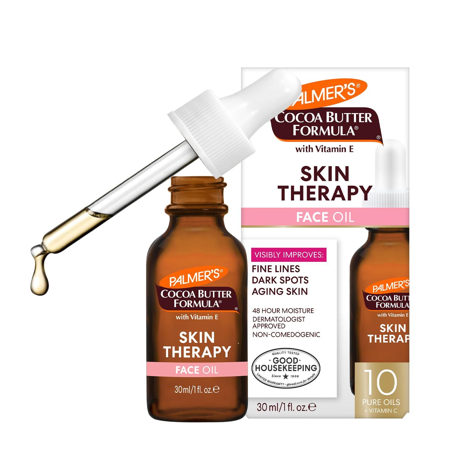 Displays the core sellable product, a face oil in a dropper bottle with its retail packaging, to show shoppers exactly what they will receive. Shows the retail packaging alongside the product to…