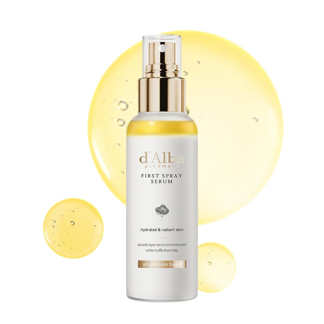 Displays the core product clearly with its elegant packaging and gold spray pump to communicate premium quality and the hydrating, radiance-boosting benefits of the serum. Uses decorative yellow…