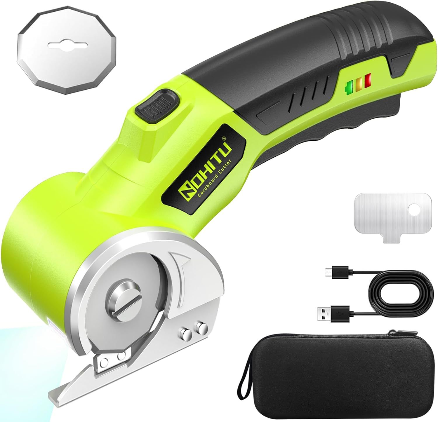 Displays the core product, a bright neon-yellow cordless rotary cutter with ergonomic grip, to clearly show shoppers what they are purchasing. Shows all included accessories such as replacement…