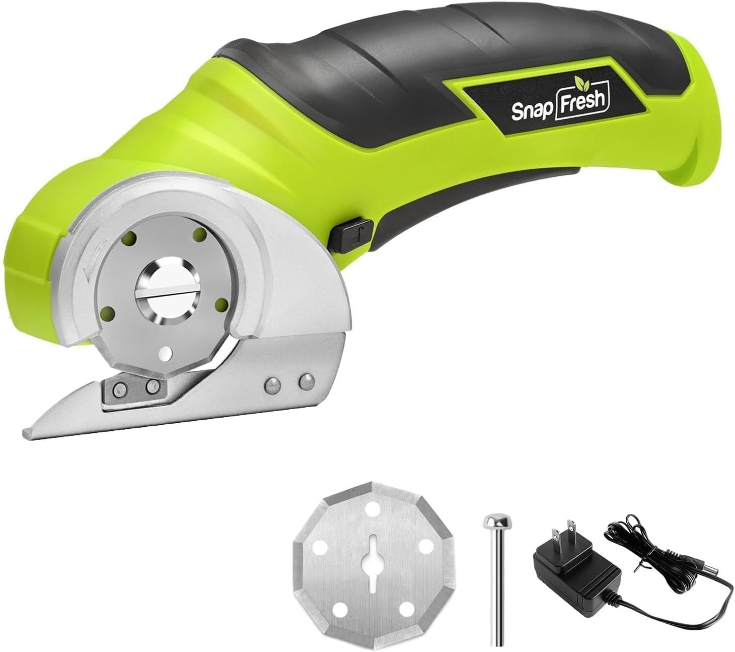Displays the core product clearly to show shoppers what they are purchasing, emphasizing the bright green and black design with ergonomic handle. Shows all included accessories and replacement parts…