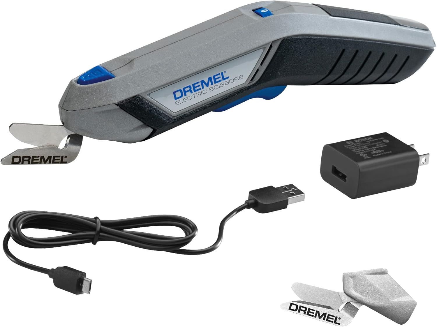Displays the core Dremel electric scissors product clearly with its gray and blue design, showing the main tool that the shopper will receive. Shows all included accessories that come with the…