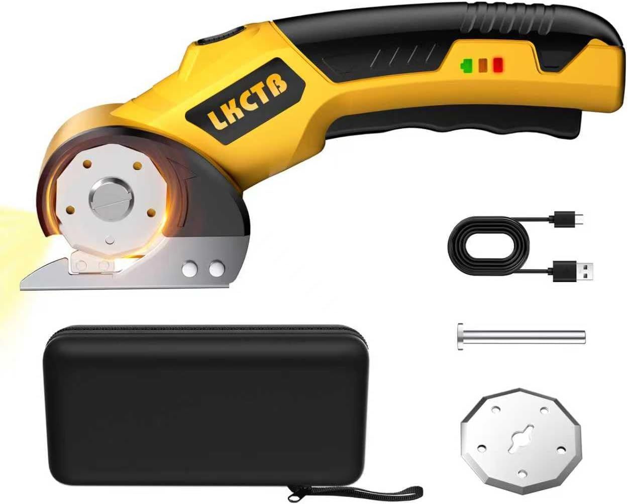 Displays the core product, a cordless rotary cutter tool with ergonomic grip, to show shoppers what they are purchasing. Shows all included accessories such as USB charging cable, protective storage…