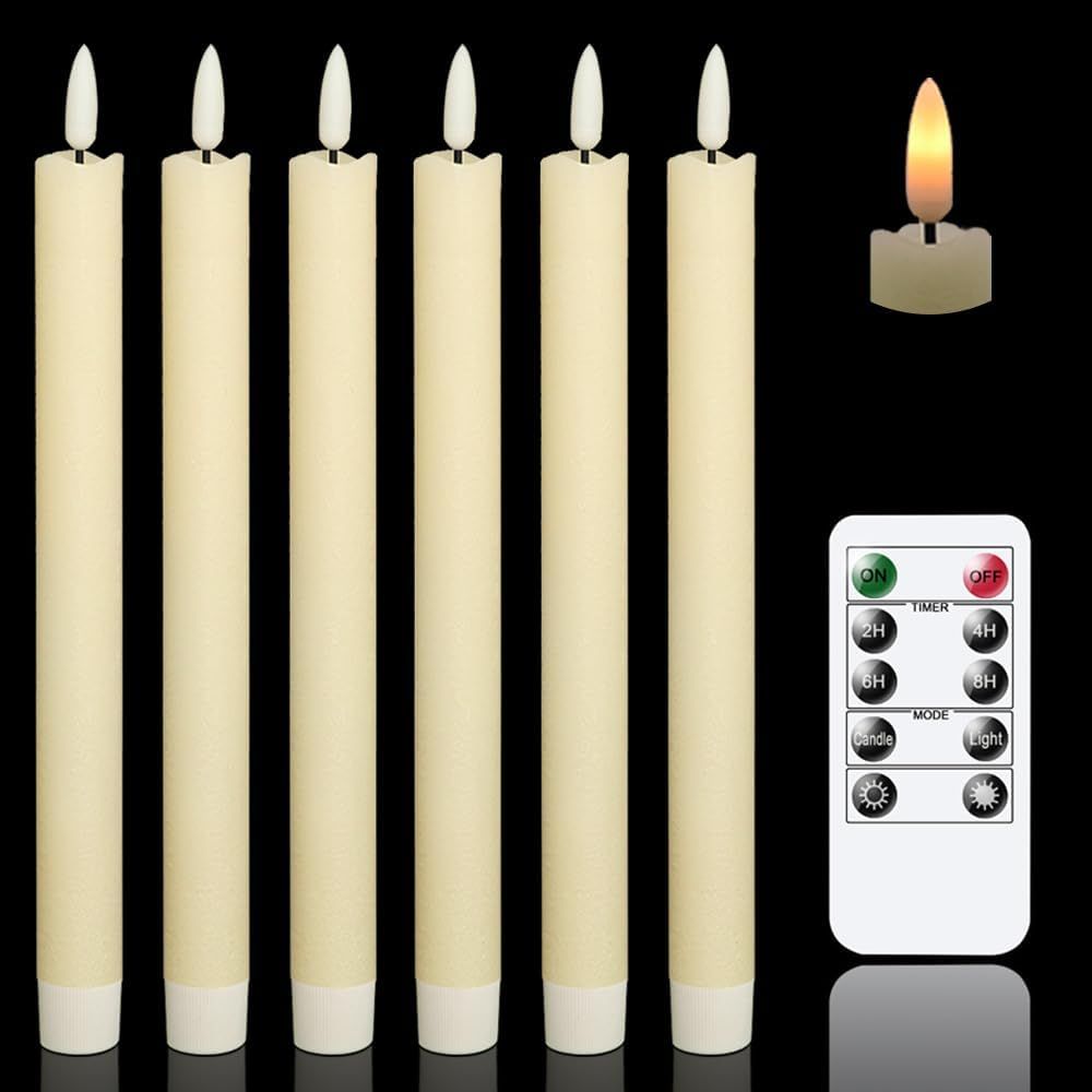 Displays the core product set of six flameless LED taper candles with remote control, showing both the unlit candles and a lit example to demonstrate the realistic flame effect. Uses a dramatic…