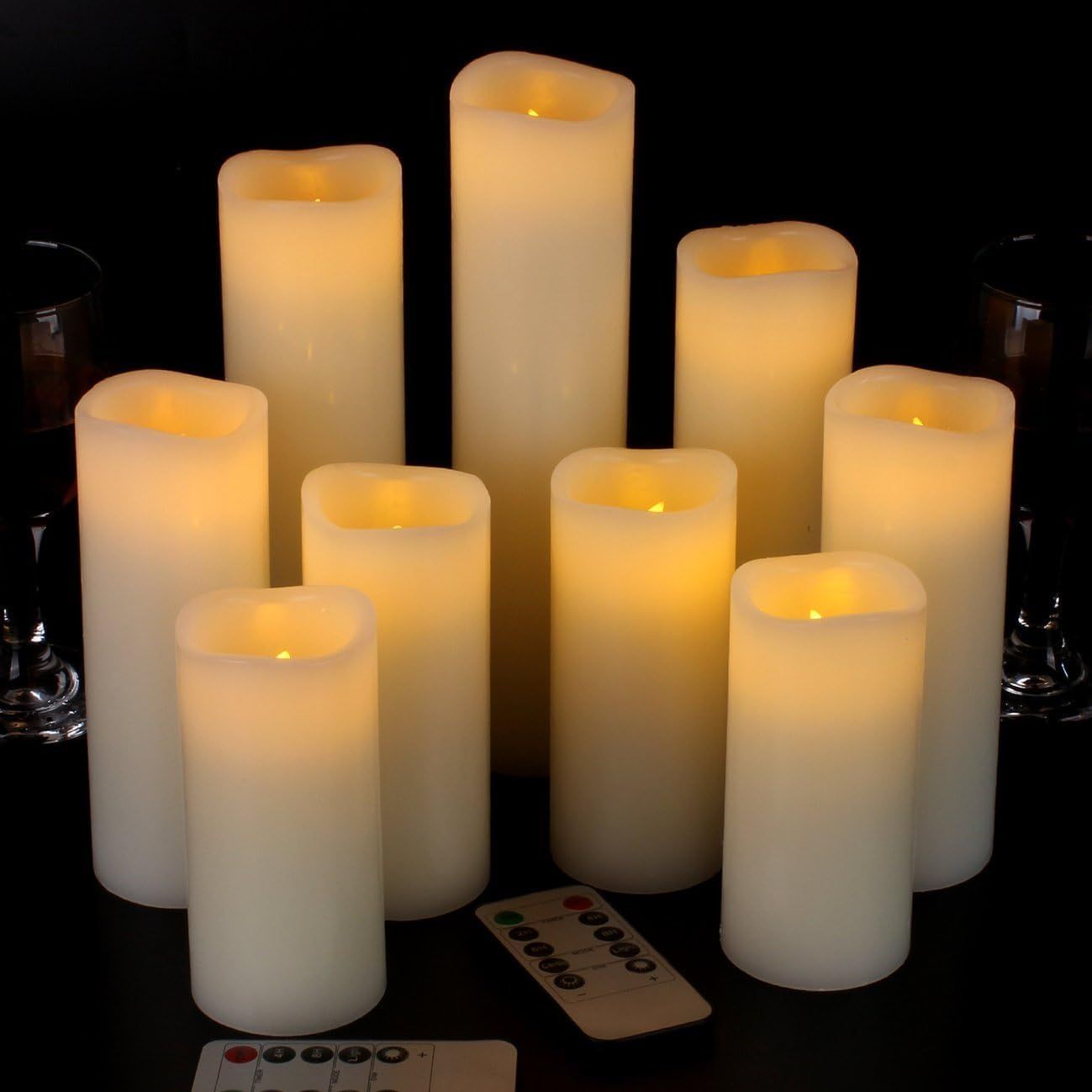 Shows the core product set of LED flameless candles in various heights with realistic flickering light effect, demonstrating the variety included and the remote control functionality for convenient…