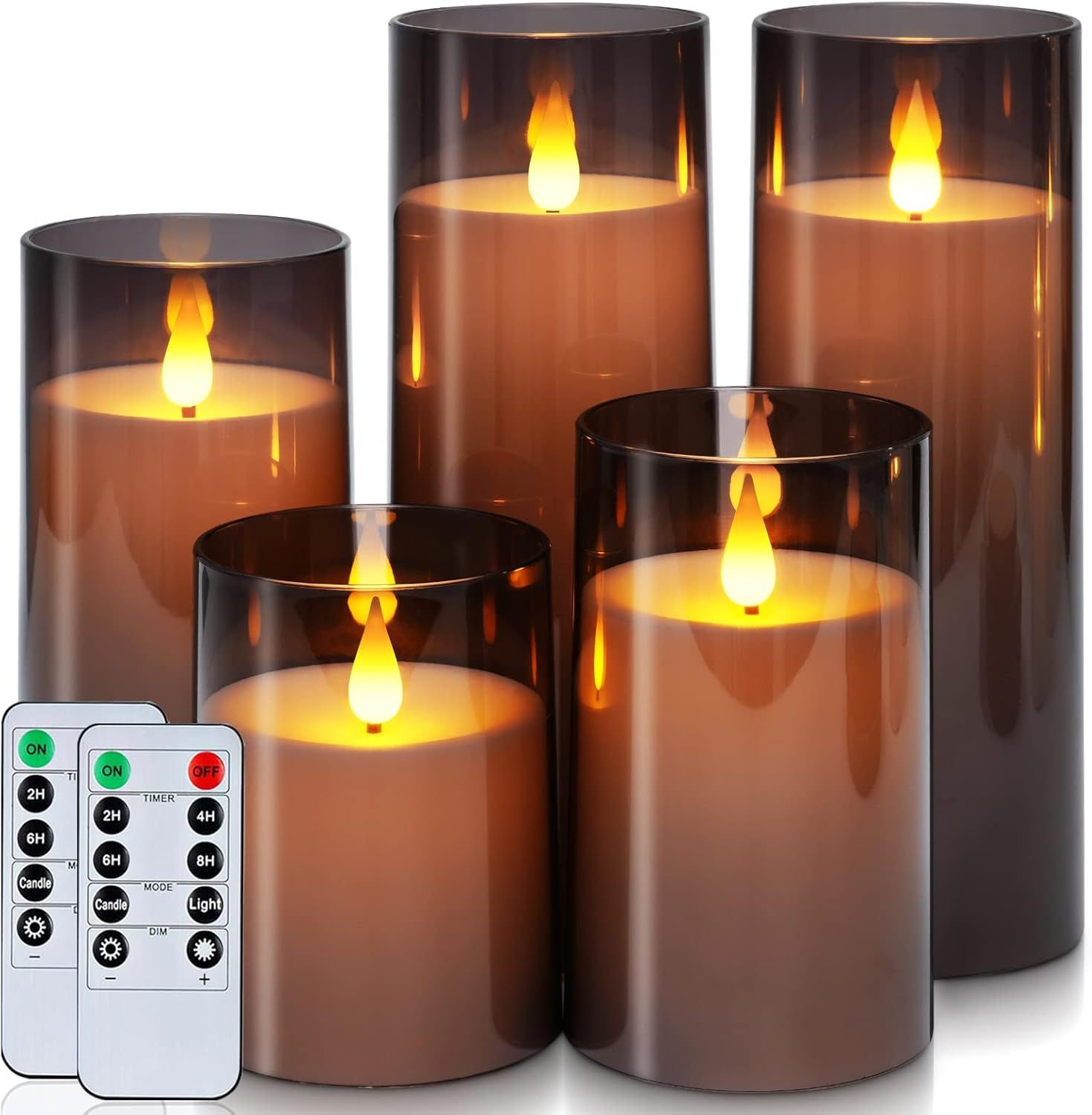 Shows the complete product set of LED flameless candles in various sizes with included remote controls, demonstrating the variety and functionality available to the shopper. Highlights that two…