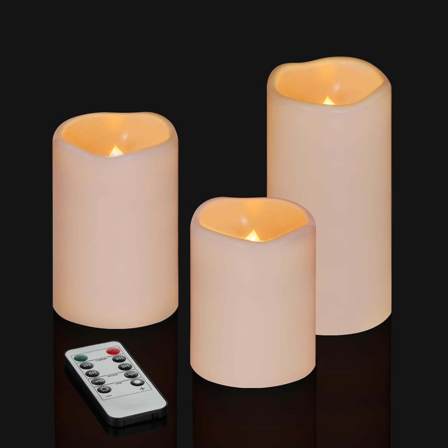 Shows the core product set of three LED flameless candles in different sizes with a remote control, demonstrating the complete package and size variations available. Uses a black background with…