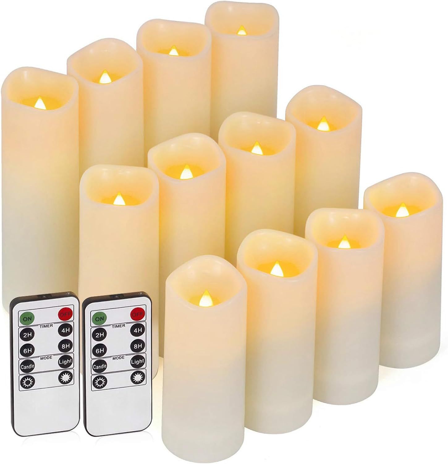 Displays the complete set of LED flameless candles in various heights to show the buyer exactly what is included in the purchase and demonstrate the variety of sizes available for decorating. Shows…