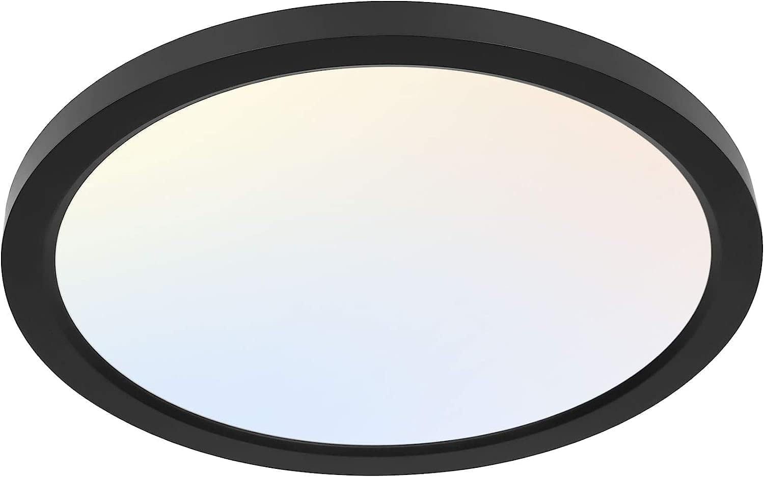 Shows the core product clearly - a modern flush-mount LED ceiling light fixture with a black frame and illuminated white panel, allowing shoppers to see the design and style.
