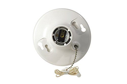 Shows the core product clearly on a white background, allowing shoppers to see the ceramic light socket fixture with mounting keyhole slots and pull chain switch. Uses a subtle drop shadow beneath…