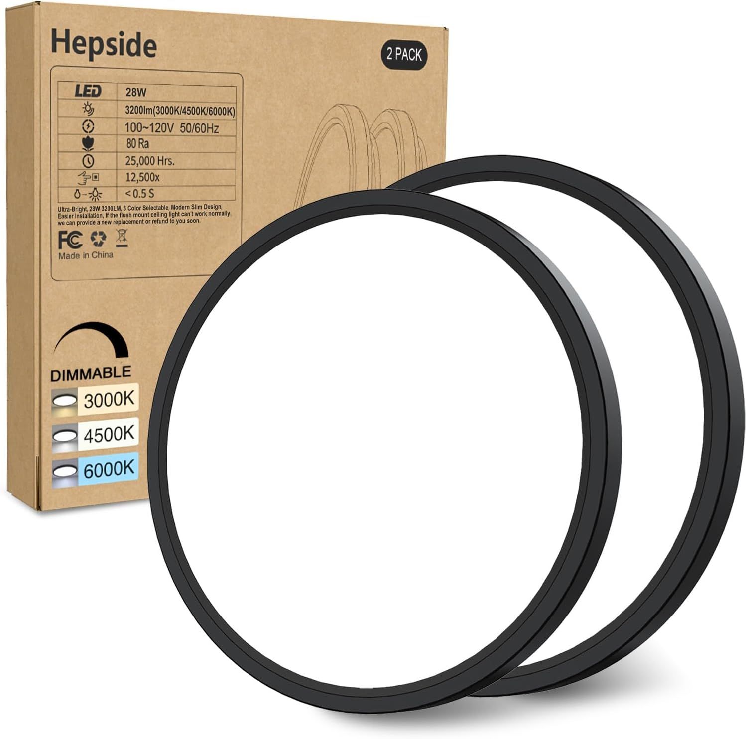 Shows the core product—two black circular LED flush mount ceiling lights—alongside their retail packaging to communicate what the buyer will receive. Displays the physical retail packaging with…