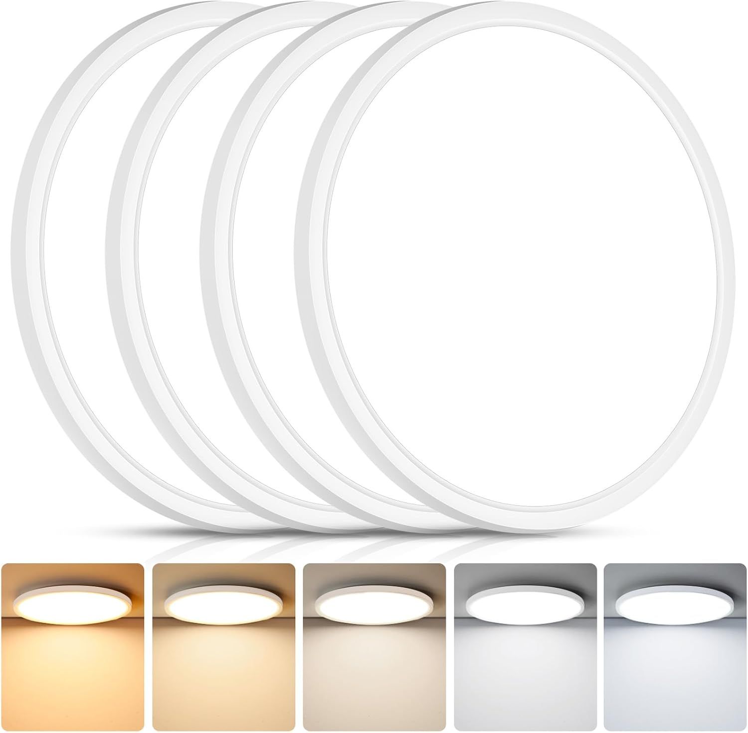 Shows multiple units of the ceiling light fixture to communicate that this is a multi-pack purchase, providing quantity value to the shopper. Demonstrates the available color temperature options…
