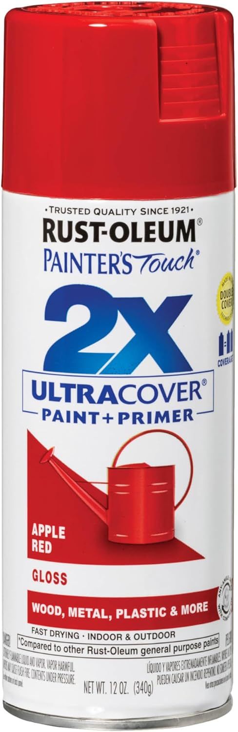 Shows the core sellable product, a Rust-Oleum spray paint can in Apple Red color, allowing shoppers to see exactly what they will receive. Displays the complete retail packaging with all product…