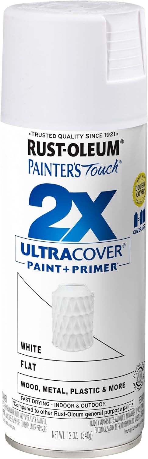 Shows the core product, a Rust-Oleum spray paint can, clearly displaying the brand, product line, and key feature of 2X coverage to communicate quality and efficiency to shoppers.