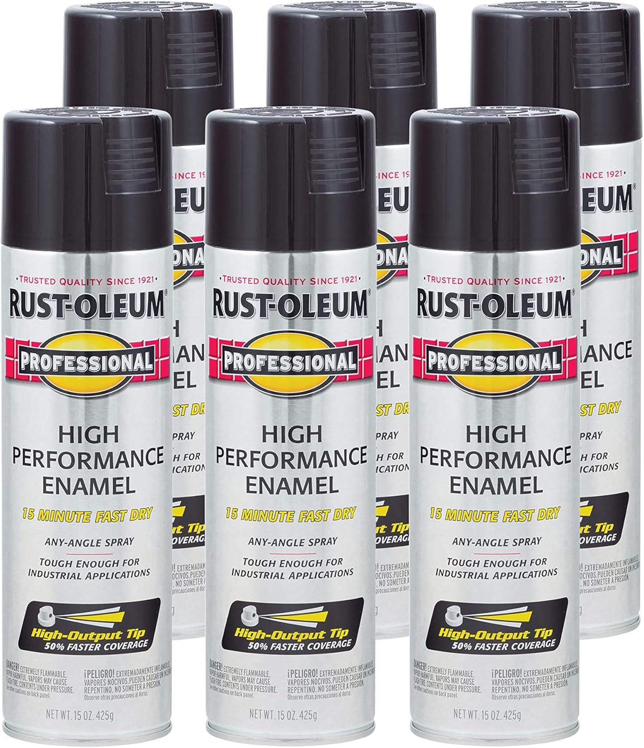 Shows the core sellable product - a 6-pack of Rust-Oleum Professional High Performance Enamel spray paint cans - clearly displaying the brand, product line, and key features like fast dry time and…